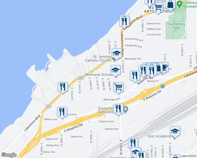 map of restaurants, bars, coffee shops, grocery stores, and more near 423 East 147th Street in Cleveland