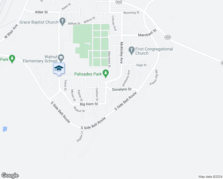 map of restaurants, bars, coffee shops, grocery stores, and more near 1405 Donalynn Drive in Rock Springs