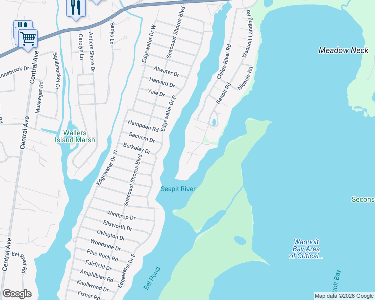 map of restaurants, bars, coffee shops, grocery stores, and more near 189 Seapit Road in Falmouth