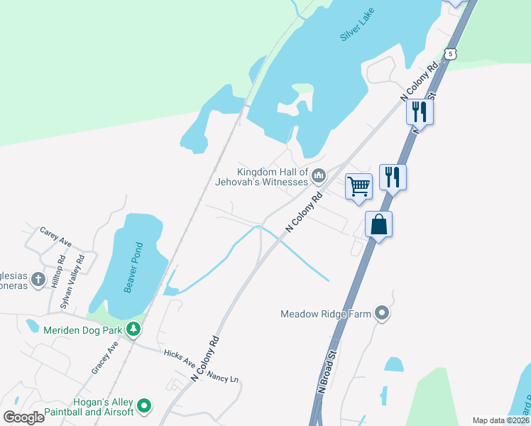 map of restaurants, bars, coffee shops, grocery stores, and more near 1410 Old N Colony Road in Meriden