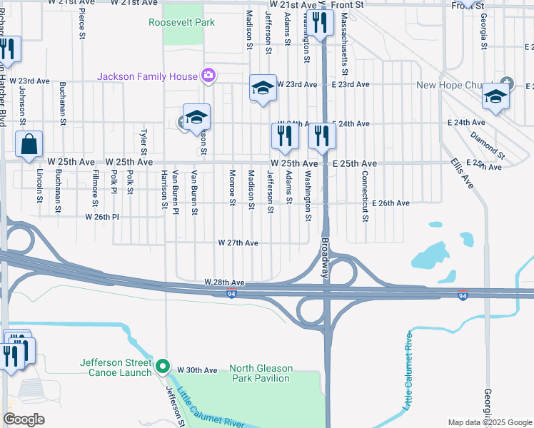 map of restaurants, bars, coffee shops, grocery stores, and more near 2620 Jefferson Street in Gary