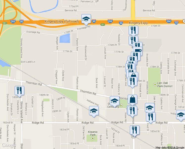 map of restaurants, bars, coffee shops, grocery stores, and more near 17854 Bock Rd in Lansing