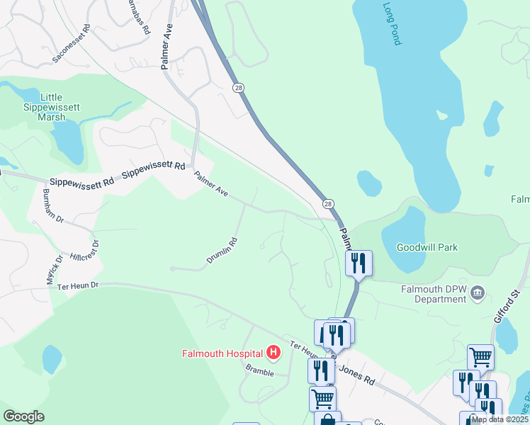 map of restaurants, bars, coffee shops, grocery stores, and more near Palmer Avenue in Falmouth