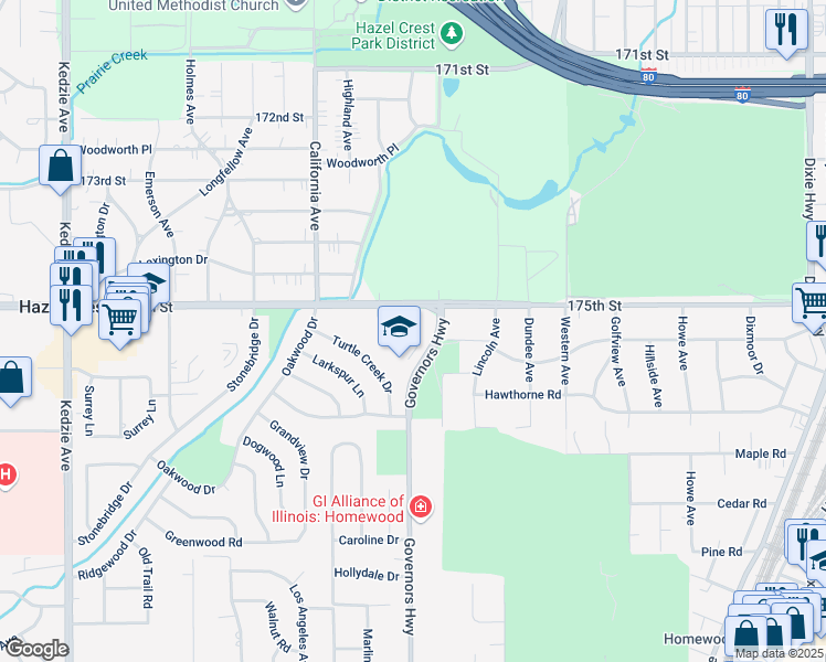 map of restaurants, bars, coffee shops, grocery stores, and more near 17506 Butternut Road in Hazel Crest