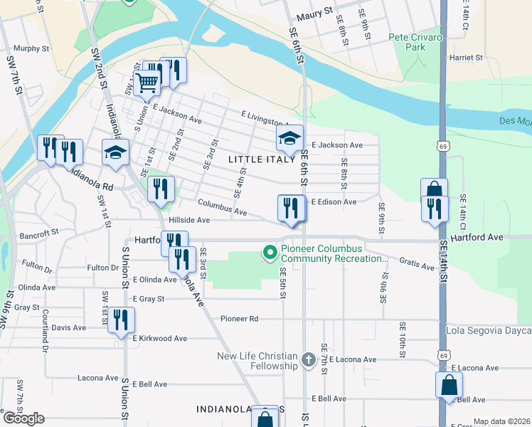 map of restaurants, bars, coffee shops, grocery stores, and more near 438 Columbus Avenue in Des Moines