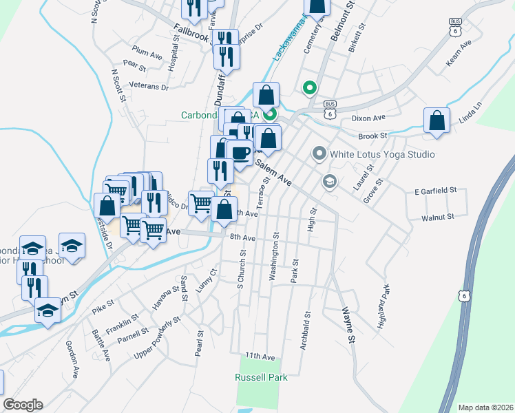 map of restaurants, bars, coffee shops, grocery stores, and more near 101 1/2 Terrace Street in Carbondale