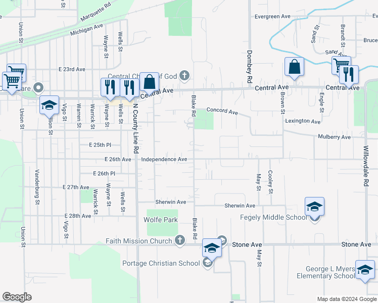 map of restaurants, bars, coffee shops, grocery stores, and more near 2794 Blake Road in Portage