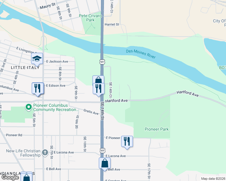 map of restaurants, bars, coffee shops, grocery stores, and more near 1923 Southeast 14th Street in Des Moines