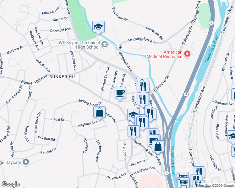 map of restaurants, bars, coffee shops, grocery stores, and more near 86 Windsor Street in Waterbury
