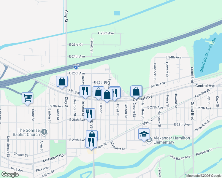 map of restaurants, bars, coffee shops, grocery stores, and more near 2591 Fayette Street in Gary