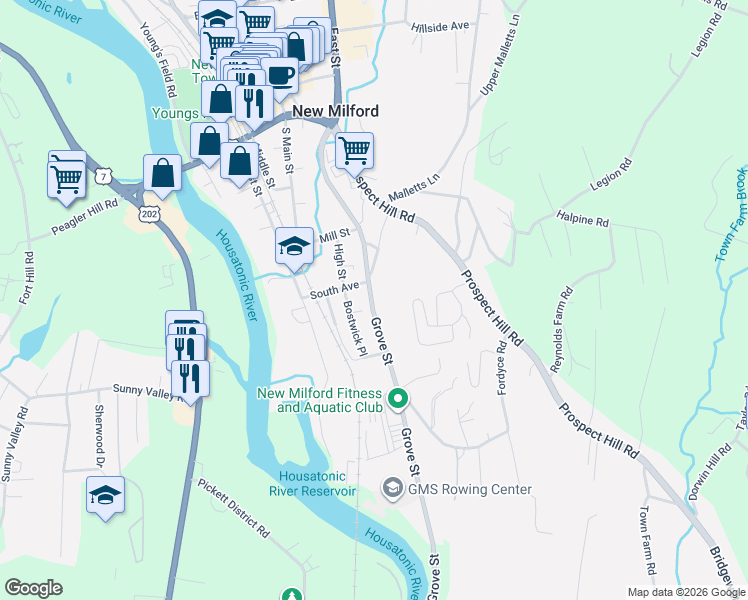 map of restaurants, bars, coffee shops, grocery stores, and more near 77 Grove Street in New Milford