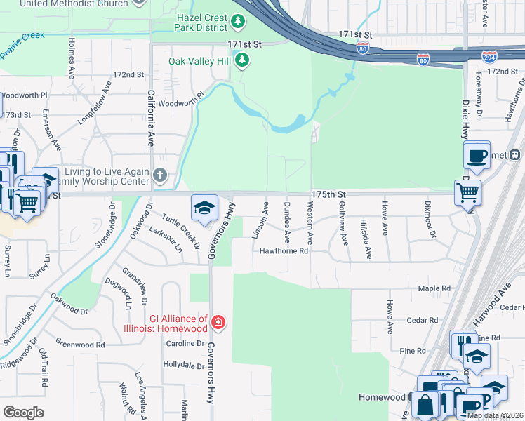 map of restaurants, bars, coffee shops, grocery stores, and more near 2504 Spruce Road in Homewood