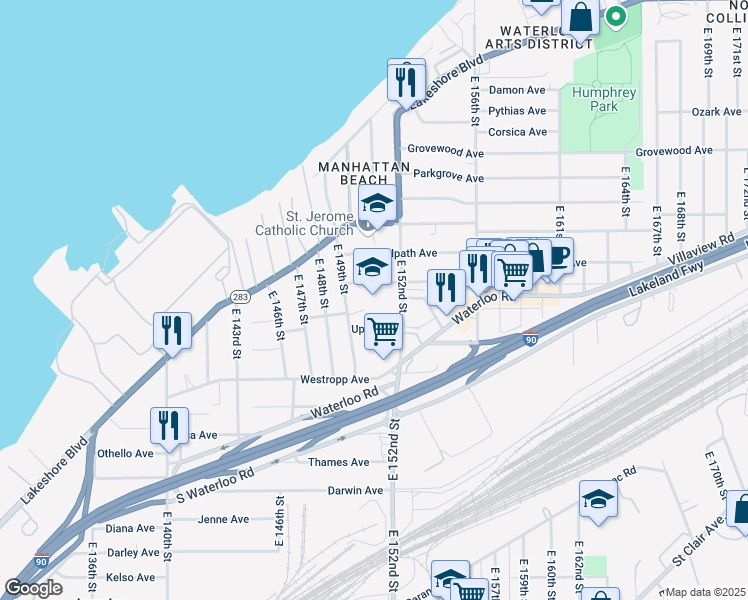map of restaurants, bars, coffee shops, grocery stores, and more near 410 East 152nd Street in Cleveland