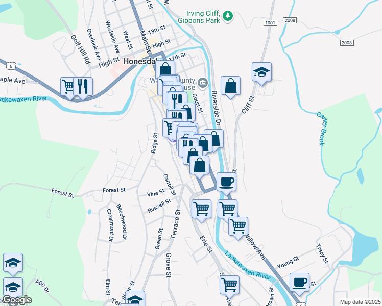 map of restaurants, bars, coffee shops, grocery stores, and more near 618 Main St in Honesdale