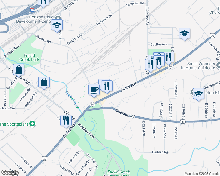 map of restaurants, bars, coffee shops, grocery stores, and more near 1540 East 212th Street in Euclid