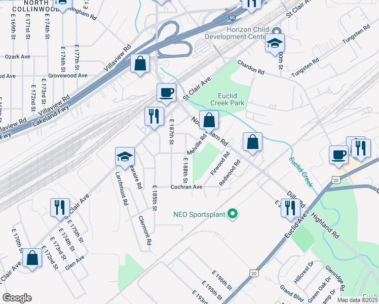 map of restaurants, bars, coffee shops, grocery stores, and more near 1318 East 188th Street in Cleveland