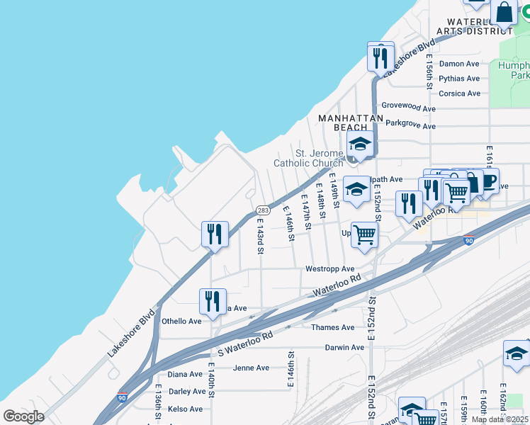 map of restaurants, bars, coffee shops, grocery stores, and more near 14308 Lakeshore Boulevard in Cleveland