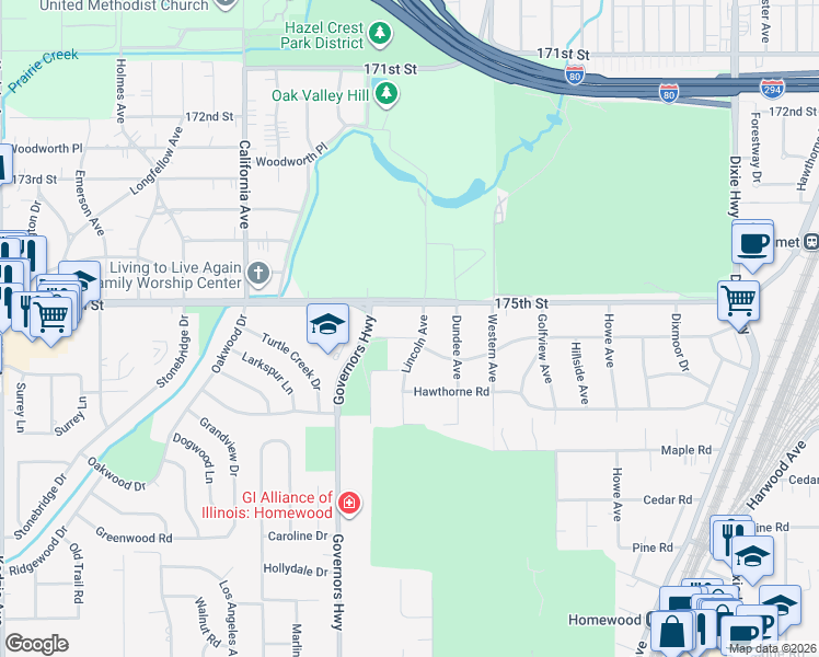 map of restaurants, bars, coffee shops, grocery stores, and more near 2504 Spruce Road in Homewood