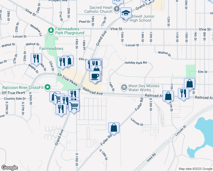 map of restaurants, bars, coffee shops, grocery stores, and more near 224 Holiday Circle in West Des Moines