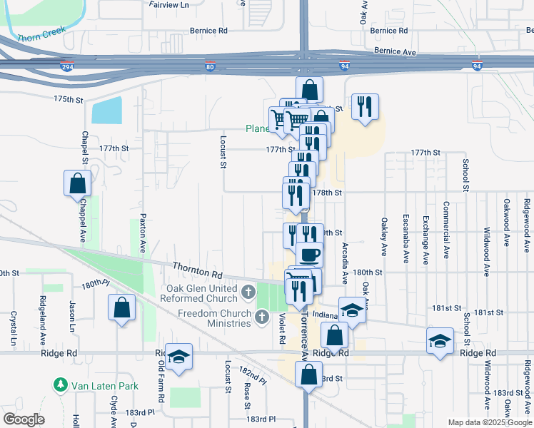 map of restaurants, bars, coffee shops, grocery stores, and more near 17843 Hickory Avenue in Lansing
