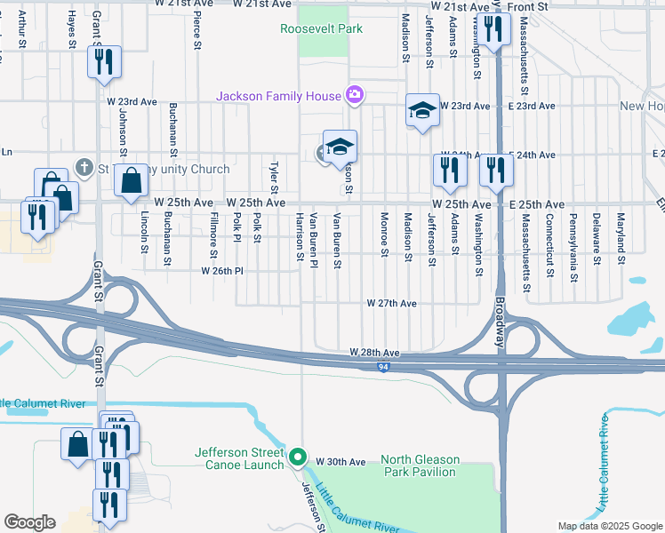 map of restaurants, bars, coffee shops, grocery stores, and more near 2620 Van Buren Street in Gary