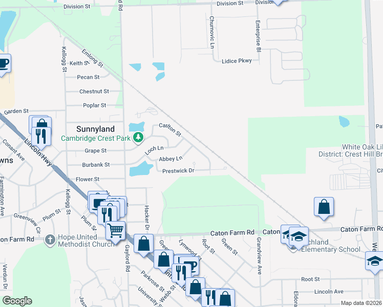 map of restaurants, bars, coffee shops, grocery stores, and more near 21407 Abbey Lane in Crest Hill