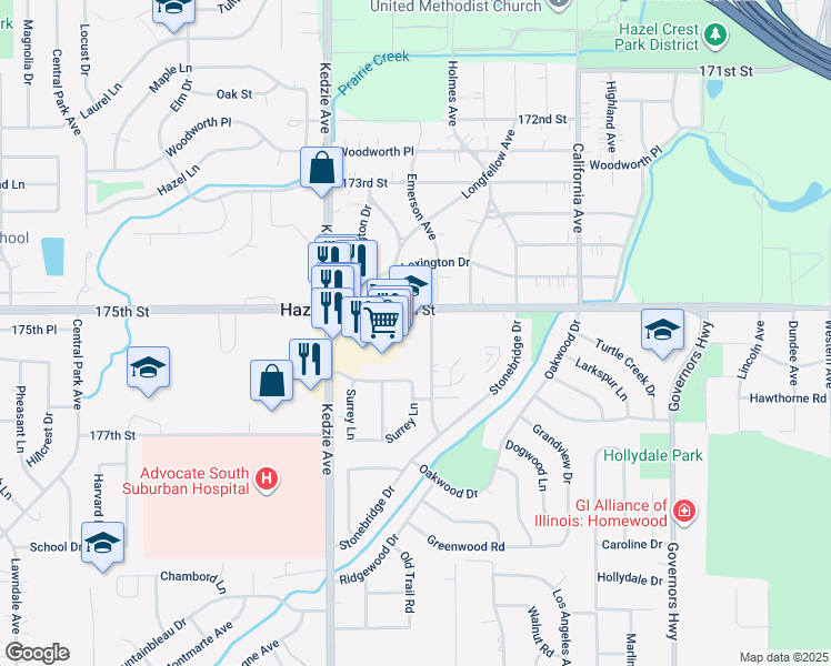 map of restaurants, bars, coffee shops, grocery stores, and more near 17505 Kedzie Avenue in Hazel Crest