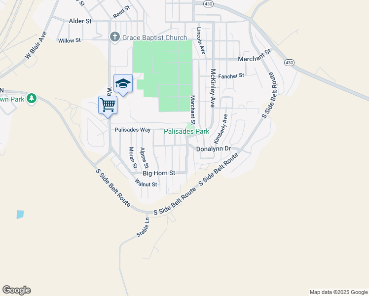map of restaurants, bars, coffee shops, grocery stores, and more near 1402 Palisades Way in Rock Springs