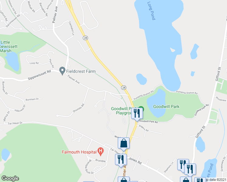 map of restaurants, bars, coffee shops, grocery stores, and more near 703 Palmer Avenue in Falmouth