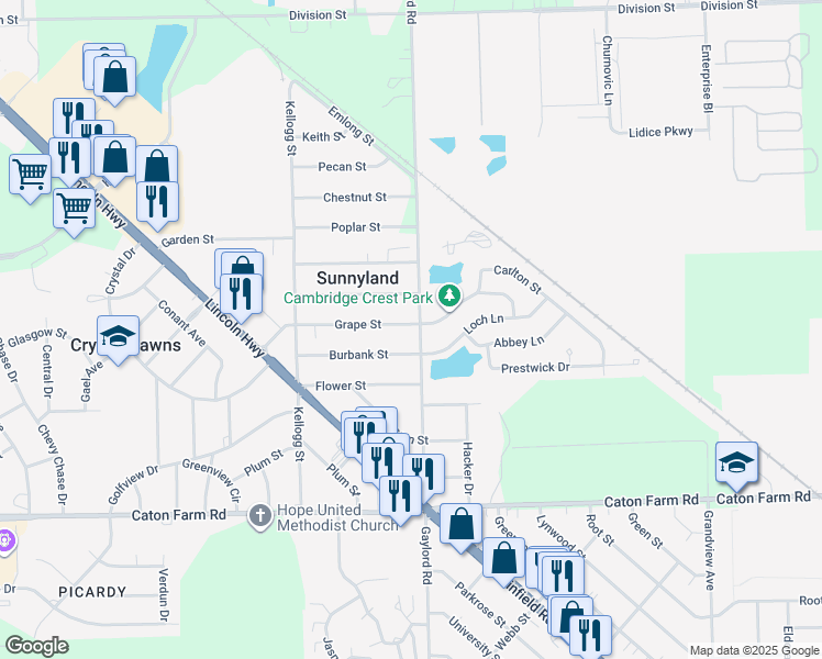 map of restaurants, bars, coffee shops, grocery stores, and more near 2415 Gaylord Road in Joliet