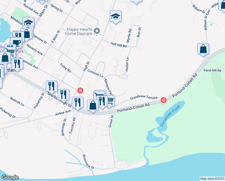 map of restaurants, bars, coffee shops, grocery stores, and more near 1 Brush Pasture Lane in Portland