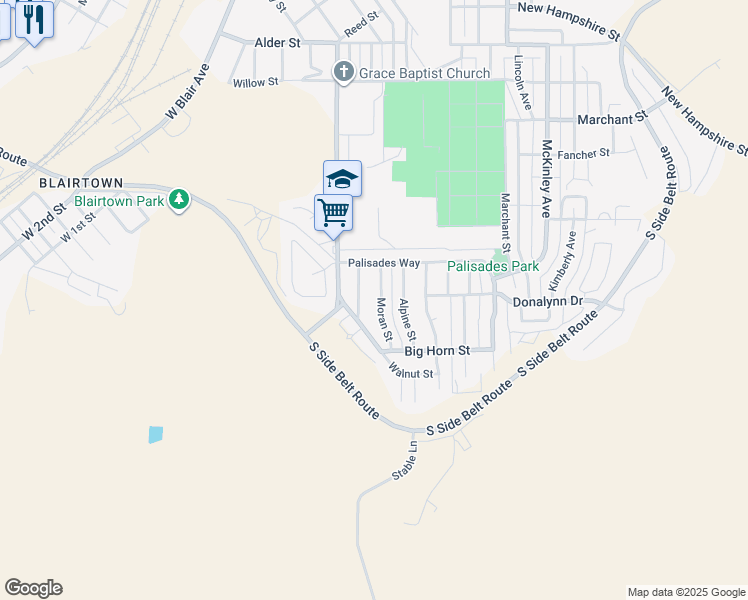 map of restaurants, bars, coffee shops, grocery stores, and more near 1360 Moran St in Rock Springs