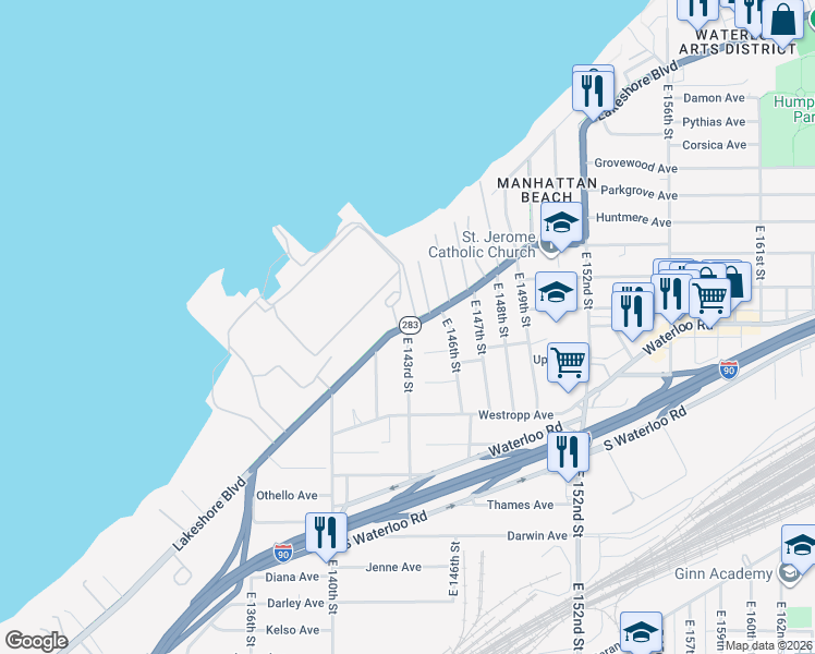 map of restaurants, bars, coffee shops, grocery stores, and more near Lakeshore Blvd & E 143rd St in Cleveland