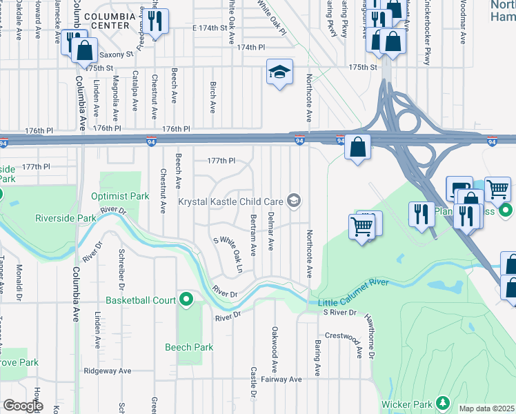 map of restaurants, bars, coffee shops, grocery stores, and more near 7827 Bertram Ave in Hammond