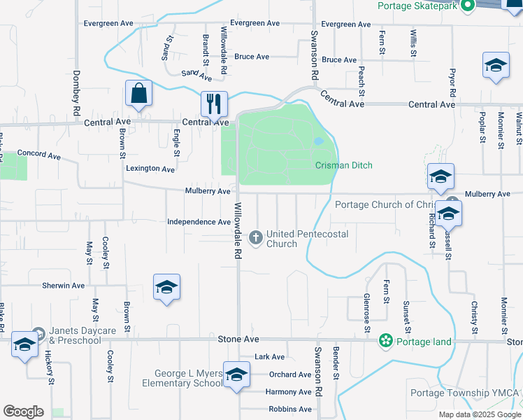 map of restaurants, bars, coffee shops, grocery stores, and more near 2787 Emerson Street in Portage