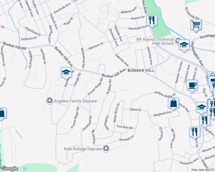 map of restaurants, bars, coffee shops, grocery stores, and more near 50 Ardsley Road in Waterbury