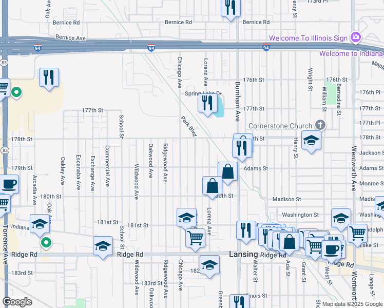 map of restaurants, bars, coffee shops, grocery stores, and more near 17832 Park Avenue in Lansing