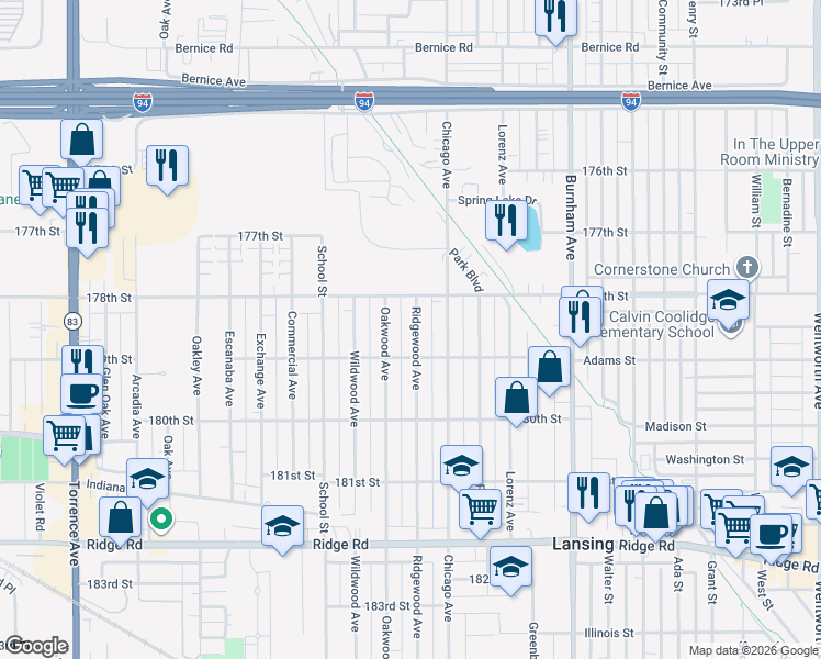 map of restaurants, bars, coffee shops, grocery stores, and more near 17830 Ridgewood Avenue in Lansing