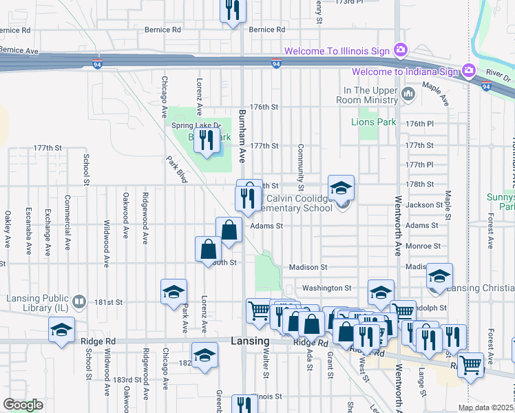 map of restaurants, bars, coffee shops, grocery stores, and more near 17832 Walter Street in Lansing