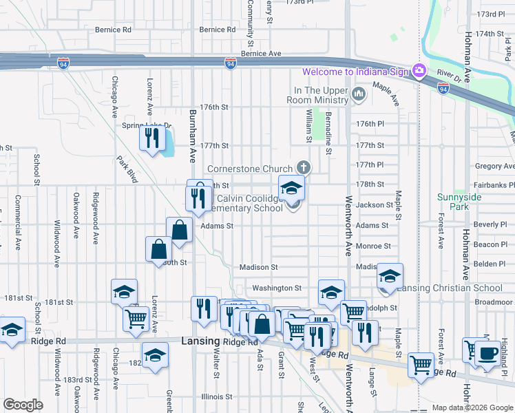 map of restaurants, bars, coffee shops, grocery stores, and more near 17831 Community Street in Lansing