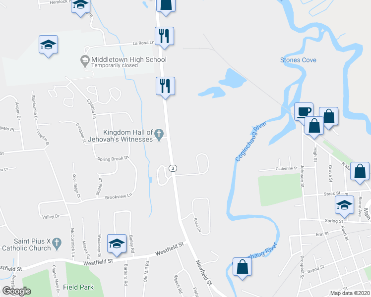 map of restaurants, bars, coffee shops, grocery stores, and more near 432r Newfield Street in Middletown