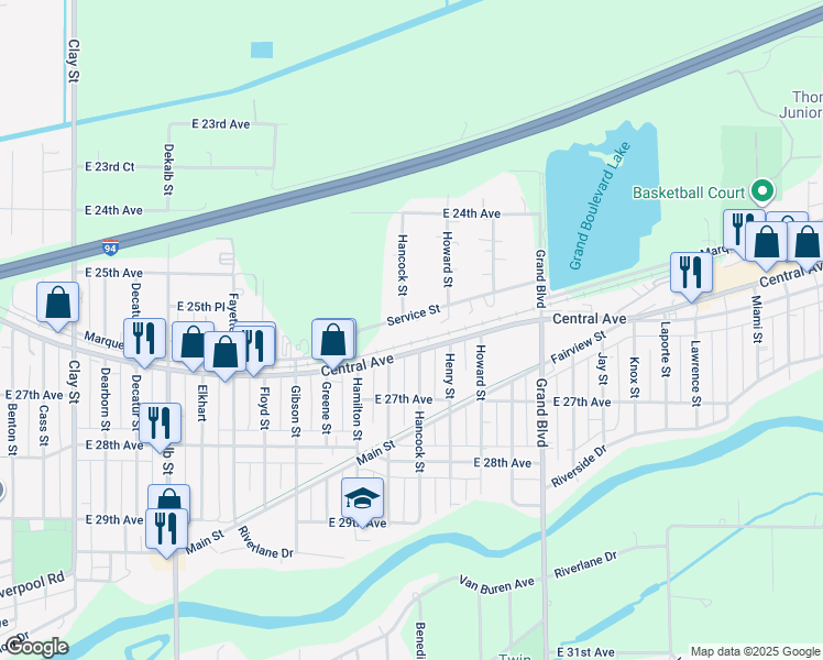 map of restaurants, bars, coffee shops, grocery stores, and more near 1491 Service Street in Lake Station