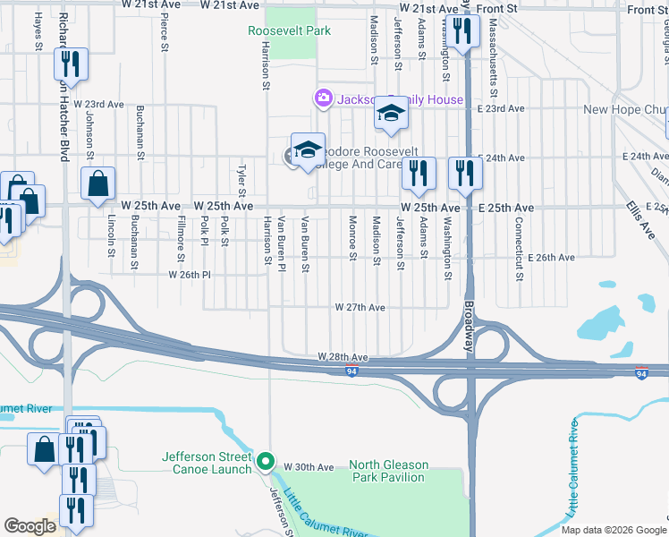map of restaurants, bars, coffee shops, grocery stores, and more near 2617 Jackson Street in Gary
