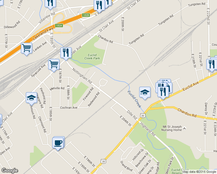 map of restaurants, bars, coffee shops, grocery stores, and more near 19517 Nottingham Road in Cleveland