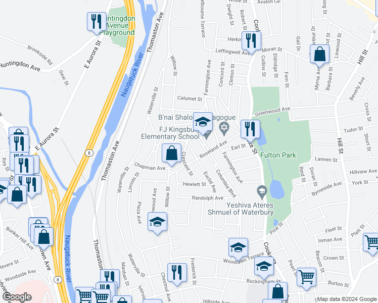 map of restaurants, bars, coffee shops, grocery stores, and more near 193 Euclid Avenue in Waterbury