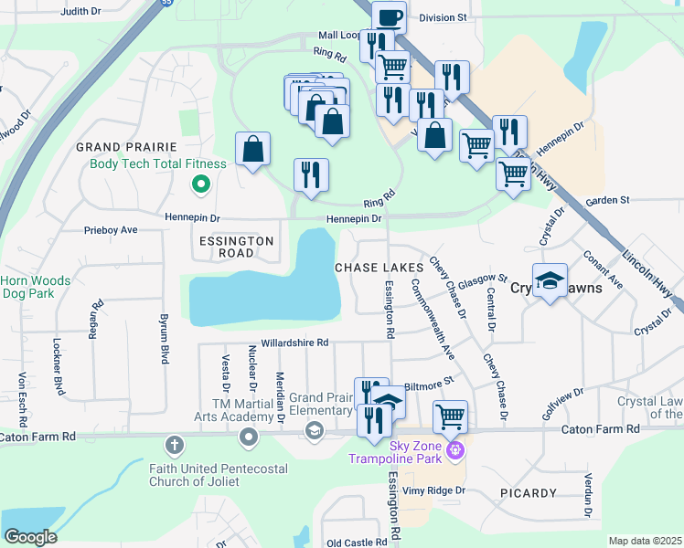 map of restaurants, bars, coffee shops, grocery stores, and more near 2645 Harbor Drive in Joliet