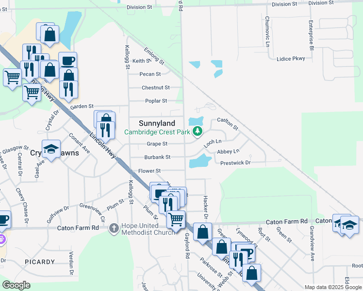 map of restaurants, bars, coffee shops, grocery stores, and more near 2415 Gaylord Road in Joliet