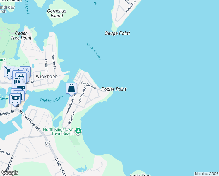map of restaurants, bars, coffee shops, grocery stores, and more near 1 Poplar Avenue in North Kingstown