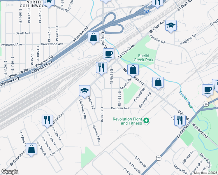 map of restaurants, bars, coffee shops, grocery stores, and more near 1320 E 187th St in Cleveland