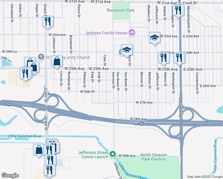 map of restaurants, bars, coffee shops, grocery stores, and more near 2652 Harrison Street in Gary